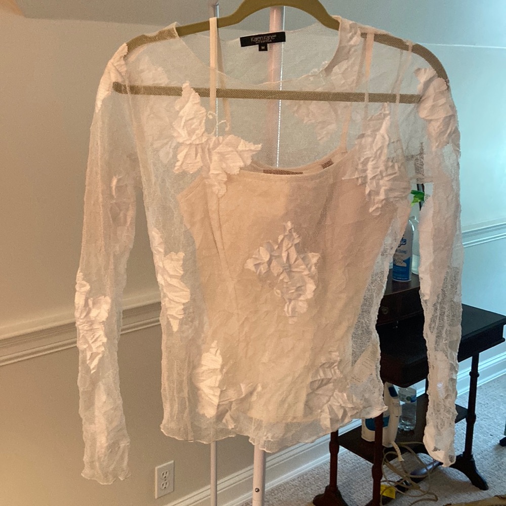 Nude undergarment with netted shirt with butterflies embroidered on it. Midriff